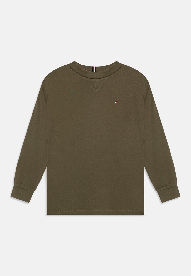 Oliwkowa długosleeve bluza z okrągłym dekoltem, z małym logo na piersi, ściągaczami na rękawach i gładką bawełnianą fakturą.