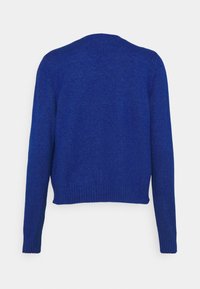 Blå stickad tröja med långa ärmar, rundad halsringning, ribbat nederkant och manschetter, samt en slät textur. Bakvy utan ytterligare detaljer.