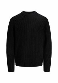 Schwarzer Strickpullover mit langen Ärmeln, geripptem Rundhalsausschnitt, Bündchen und Saum, auf weißem Hintergrund präsentiert.