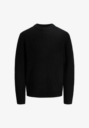 Pull noir en maille à manches longues avec col rond côtelé, poignets et ourlet, présenté sur fond blanc.