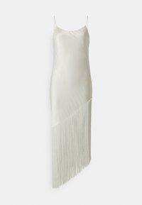 Svilena haljina u boji slonove kosti, koja se odlikuje glatkom teksturom, tankim naramenicama i dijagonalnim resicama duž rubova. Elegantna, minimalistička dizajn.
