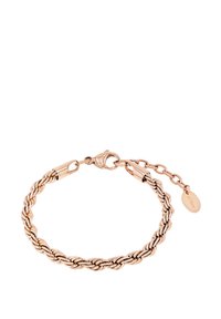Bracciale in oro rosa con design attorcigliato, dotato di chiusura a moschettone e catena di estensione, che presenta una finitura liscia e lucida.