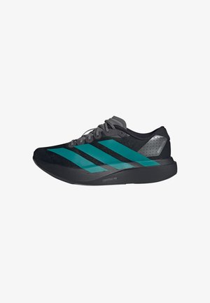 Chaussure de sport noire avec trois bandes teal, une tige texturée, un accent au talon gris et une semelle légère étiquetée "Lightstrike Pro".