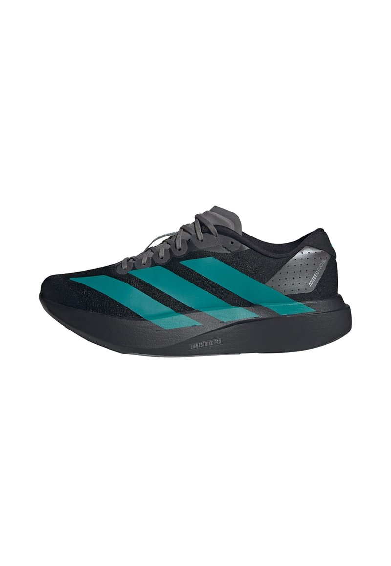 Black athletic shoe featuring three teal stripes, a textured upper, a grey heel accent, and a lightweight sole labeled "Lightstrike Pro."