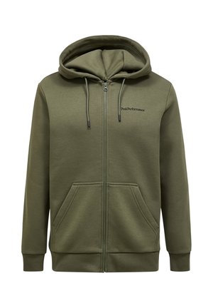 Olive green zip-up hoodie made of soft fabric, featuring a drawstring hood, two front pockets, ribbed cuffs, and a small logo on the chest.