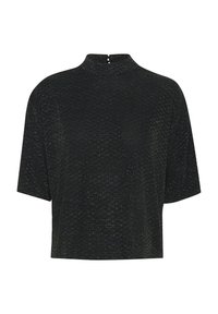 Top nero a maniche corte con collo alto e chiusura a chiave sul retro, caratterizzato da un tessuto leggermente testurizzato con accenti metallici.