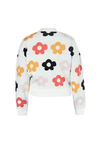 Pullover bianco corto con motivi floreali colorati in arancione, rosa, rosso, nero e giallo, con polsini e orlo a costine.