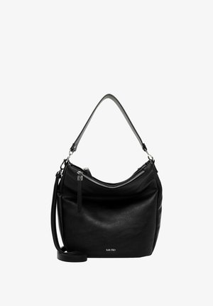 Borsa a spalla in pelle nera con chiusura zip, caratterizzata da una superficie testurizzata, una tracolla rimovibile e un logo discreto sul davanti.
