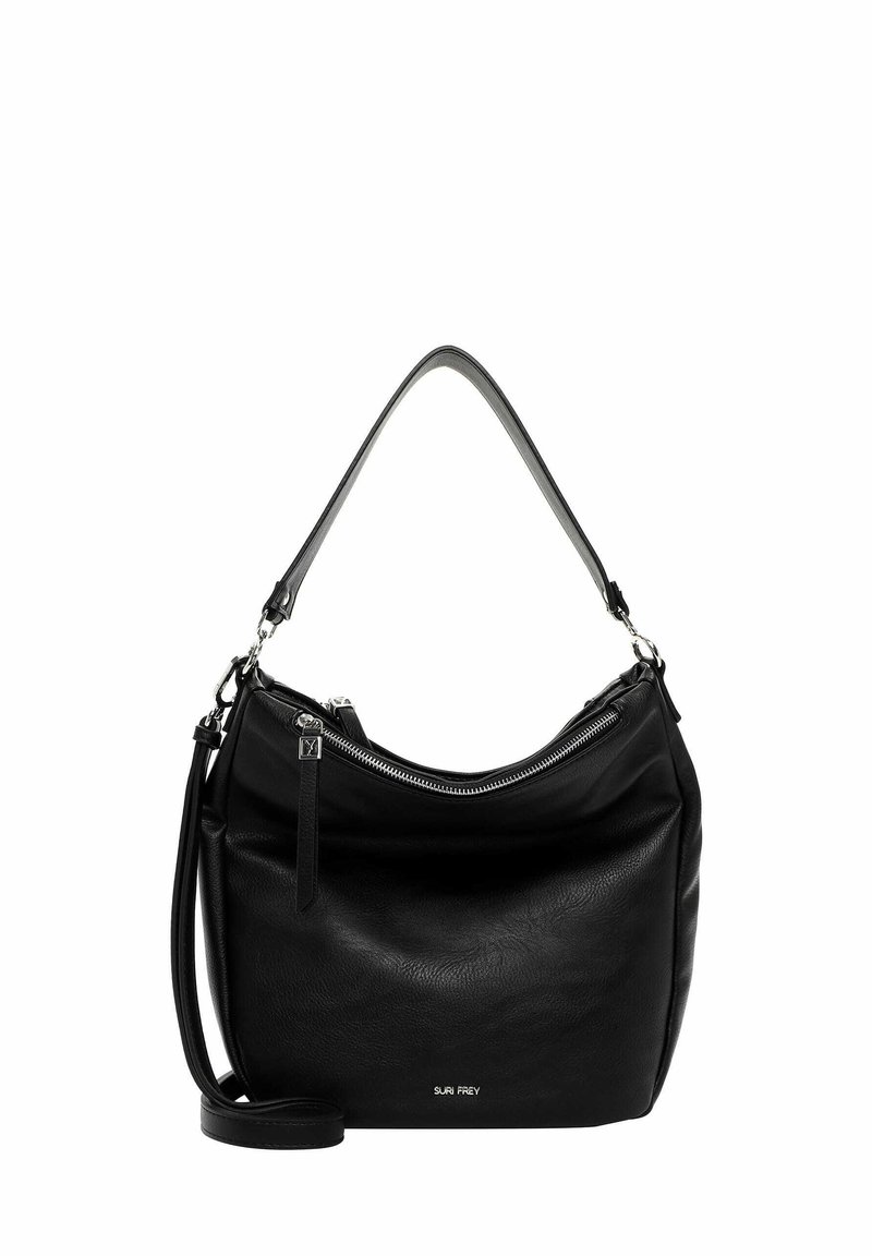 Sac à épaule en cuir noir avec un zip sur le dessus, présentant une surface texturée, une bandoulière amovible et un logo subtil à l'avant.