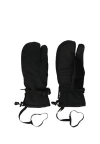 Schwarze isolierte Fäustlinge mit gepolstertem Design, verstellbaren Handgelenkriemen und elastischen Bündchen für eine sichere Passform. Das strukturierte Material verbessert den Griff.