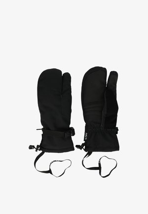Moufles noires isolées avec un design rembourré, des sangles de poignet ajustables et des poignets élastiques pour un ajustement sécurisé. Le tissu texturé améliore la prise.