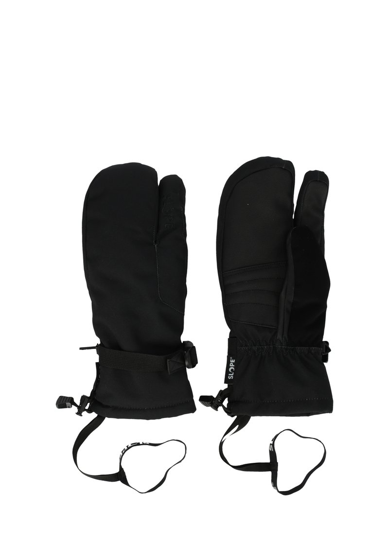 Schwarze isolierte Fäustlinge mit gepolstertem Design, verstellbaren Handgelenkriemen und elastischen Bündchen für eine sichere Passform. Das strukturierte Material verbessert den Griff.