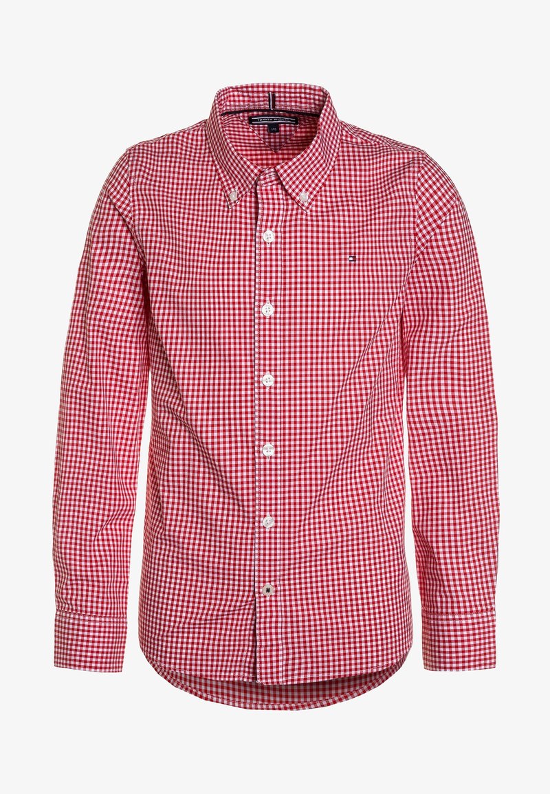 Chemise à manches longues à carreaux rouges et blancs, boutonnée, col boutonné et petit logo sur la poitrine gauche.
