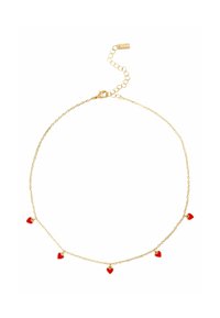 Zlatý řetízek s pěti malými červenými přívěsky ve tvaru srdce, s karabinovým zapínáním a nastavitelnou délkou řetízku.