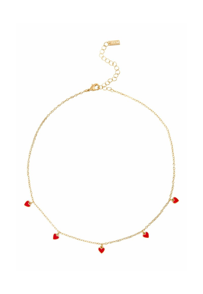 Zlatý řetízek s pěti malými červenými přívěsky ve tvaru srdce, s karabinovým zapínáním a nastavitelnou délkou řetízku.