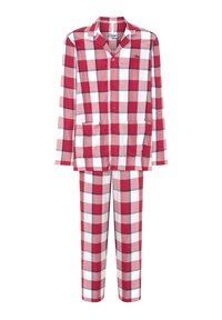 Conjunto de pijama a cuadros rojos y blancos, que incluye una camisa con botones y dos bolsillos, mangas largas y pantalones largos a juego con un patrón similar.