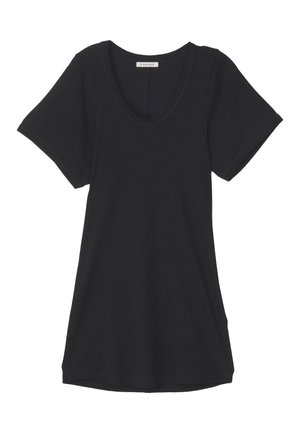 Black short-sleeve T-shirt made of soft fabric, featuring a scoop neckline and a relaxed fit. Smooth texture with no visible patterns or accents.