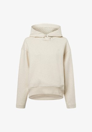 Beige Pullover-Hoodie mit langen Ärmeln, geripptem Saum und innerer Kapuzenfutter, das ein dezentes Diamantmuster aufweist.