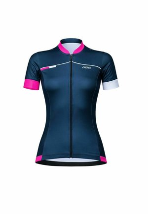 Maglia da ciclismo aderente a maniche corte color blu navy con cerniera frontale, colletto rosa e polsini della manica sinistra e dell'orlo in rosa, polsino della manica destra bianco e linee di accento bianche.