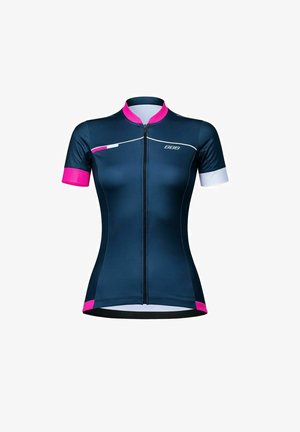 Maglia da ciclismo aderente a maniche corte color blu navy con cerniera frontale, colletto rosa e polsini della manica sinistra e dell'orlo in rosa, polsino della manica destra bianco e linee di accento bianche.