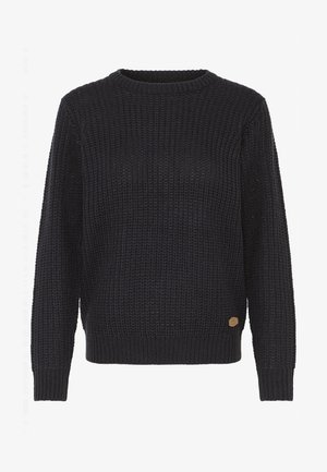 Tume kudumütsiga sviiter, millel on ümar kaelus, pikad varrukad ja tekstuurne muster. Alaspool on väike brändi silt.