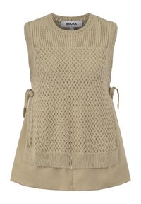Beige stickad ärmlös topp med en texturerad väv, sidofästen och en slät nedre del i matchande tyg. Rund halsringning, avslappnad passform.