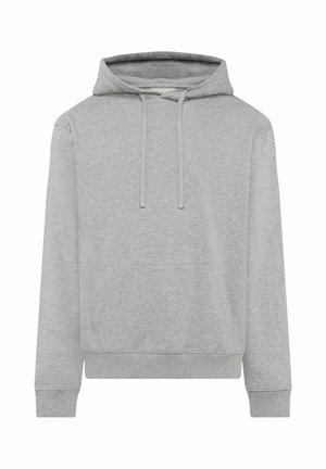 Lichtgrijze pullover hoodie met lange mouwen, kangeroezak aan de voorkant, capuchon met trekkoord en geribbelde boorden en zoom.