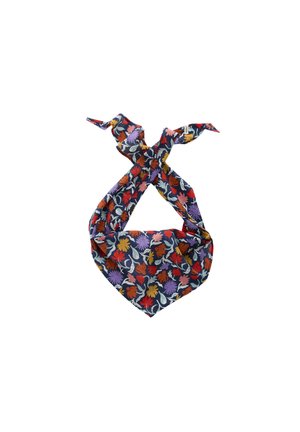 Floral-patterned dark blue fabric bandana with red, orange, yellow, purple, and pink flower designs tied in a loose knot.