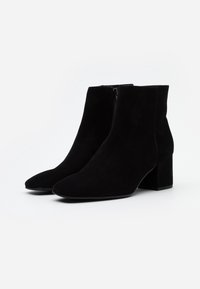 Bottines en daim noir avec bout pointu, talon bloc et fermeture éclair latérale. Texture lisse et design minimaliste.