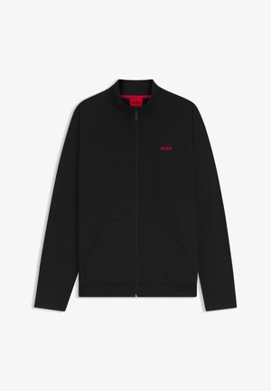 Black zip-up jacket made of textured fabric. Features a round neckline, two front pockets, and a small red "HUGO" logo on the chest.