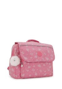 Zaino rosa con motivo floreale bianco, patta frontale, cerniere e un portachiavi a pompon. Realizzato in tessuto resistente, con un logo circolare.