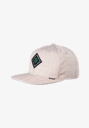 Hellbeige Kappe mit flachem Schirm, strukturiertem Stoff, einem schwarzen Diamant-Patch mit grünem Logo und einem dezenten Karomuster.