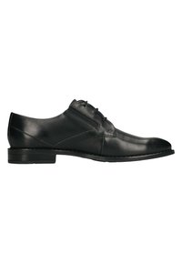 Zapato de vestir de cuero negro con un acabado suave, puntera redondeada y cuatro ojales para los cordones. Cuenta con un tacón bajo y un detalle de costura sutil.