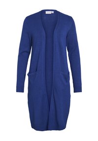 Cárdigan azul de punto con frente abierto, mangas largas y dos bolsillos frontales. Puños y dobladillo acanalados para mayor textura.