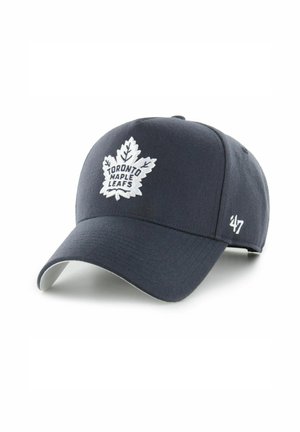 Navy baseball cap with a curved brim, featuring a white embroidered Toronto Maple Leafs logo and '47' branding on the side.
