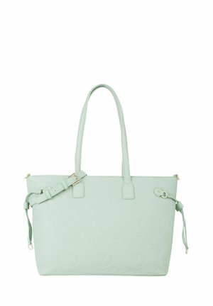 Sac cabas vert menthe avec motif de logo en relief, double poignées et bandoulière réglable détachable. Fabriqué en matériau semblable au cuir, design structuré.