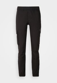 Schwarze Cargo-Hosen mit elastischem Bund, ausgestattet mit seitlichen Taschen, im Slim-Fit und aus strapazierfähigem Material, das für den Einsatz im Freien geeignet ist.