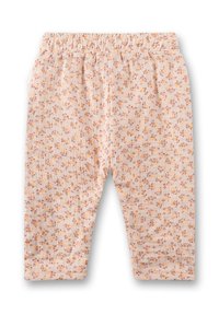 Blushfarbene Leggings mit floralem Muster und elastischem Taillenband. Sie zeigen kleine, gleichmäßig über das Material verteilte gelbe und braune Blumen.