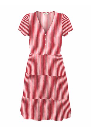 Rød og hvid stribet kjole med V-udskæring, korte ærmer og knaplukning foran. Har en flerlaget, udvidet nederdel. Letvægtsstof med en glat tekstur.