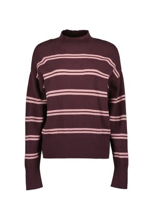 Dunkellila Pullover mit hellrosa horizontalen Streifen, langen Ärmeln, gerippten Bündchen und Saum sowie einem Stehkragen.