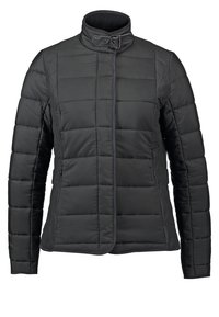 Veste matelassée noire avec col haut et sangle à boucle, manches longues et coupe slim.