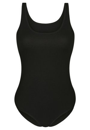 Schwarzer einteiliger Badeanzug mit rundem Ausschnitt, breiten Schulterträgern und glattem Stoff. Einfaches, schmuckloses Design.