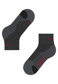 Graue Socken mit einer dunkleren Zehen- und Fersenpartie, versehen mit einem gerippten Muster, roter Schrift auf der Seite und einer verstärkten Sohle für erhöhten Halt.