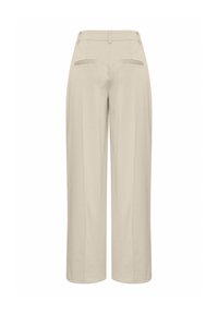 Beige wide-leg trousers with a smooth texture, featuring two back pockets and a flat front design. Tailored and structured fit.