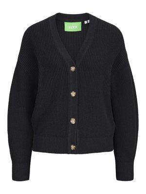 Mustast heegeldatud kootud kardigan pika varrukaga, V-kaelusega, esiküljel neli beežikat nööpi ning soonilised varrukaotsad ja alumine serv.