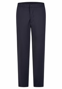 Marineblauwe broeken met een elastische tailleband, een rits aan de voorkant en een knoopsluiting. Gemaakt van gladde stof, met rechte pijpen zonder zakken.