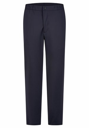 Marineblaue Hose mit elastischem Bund, Frontreißverschluss und Knopfverschluss. Hergestellt aus glattem Stoff, mit geraden Beinen ohne Taschen.
