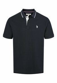Polo bleu marine à manches courtes avec bordure blanche au col et petit logo brodé blanc d'un joueur de polo sur la poitrine.