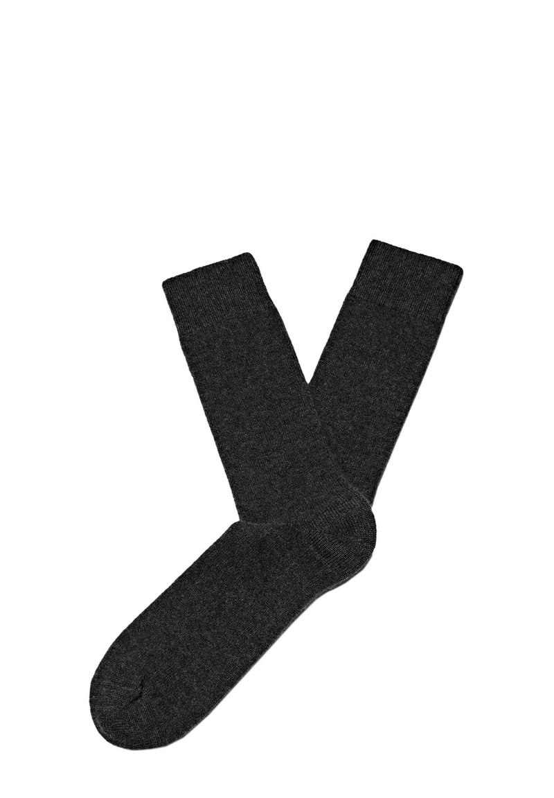 Dark gray cotton socks with a ribbed texture and classic shape, featuring a reinforced heel and toe for added durability.