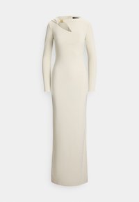 Vestido longo justo em bege claro com mangas compridas, decote drapeado e recorte assimétrico. Apresenta detalhes em metal dourado.